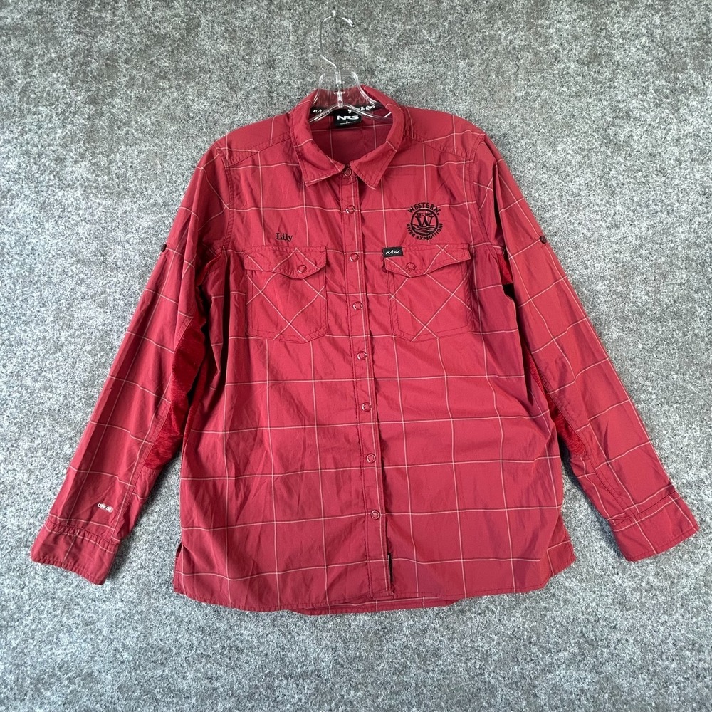 NRS Guide Shirt Womens L Red Sterling Western River Expeditions Fishing UPF 50